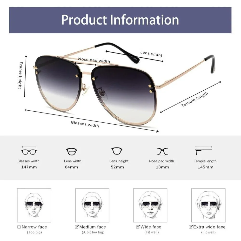 Oversized Aviator Sunglasses Women UV400 Gradient Smoke 65mm